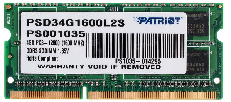   4Gb Patriot Memory for Ultrabook PSD34G1600L2S 1600 PC-12800 1.35V CL11